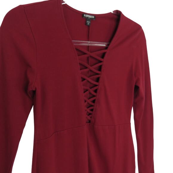 Express Burgundy Wine Red Long Sleeve Lace Up Caged Body Con Dress Small - Picture 5 of 8